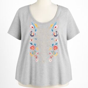 JW Los Angeles‎ Gray Embroidered Floral Butterfly Top Shirt Womens 2X Boho Indie